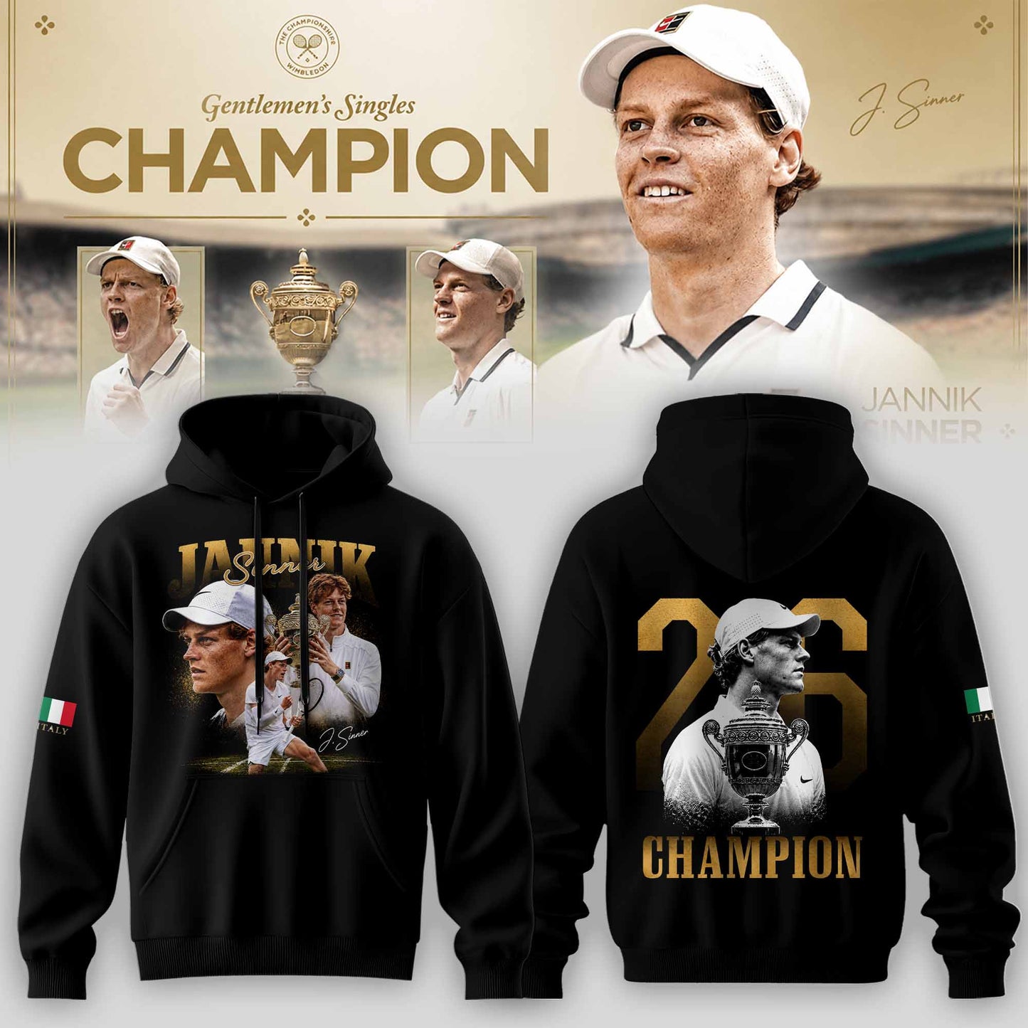 Limited Edition Jannik Sinner 2026 Wimbledon Champions Hoodie