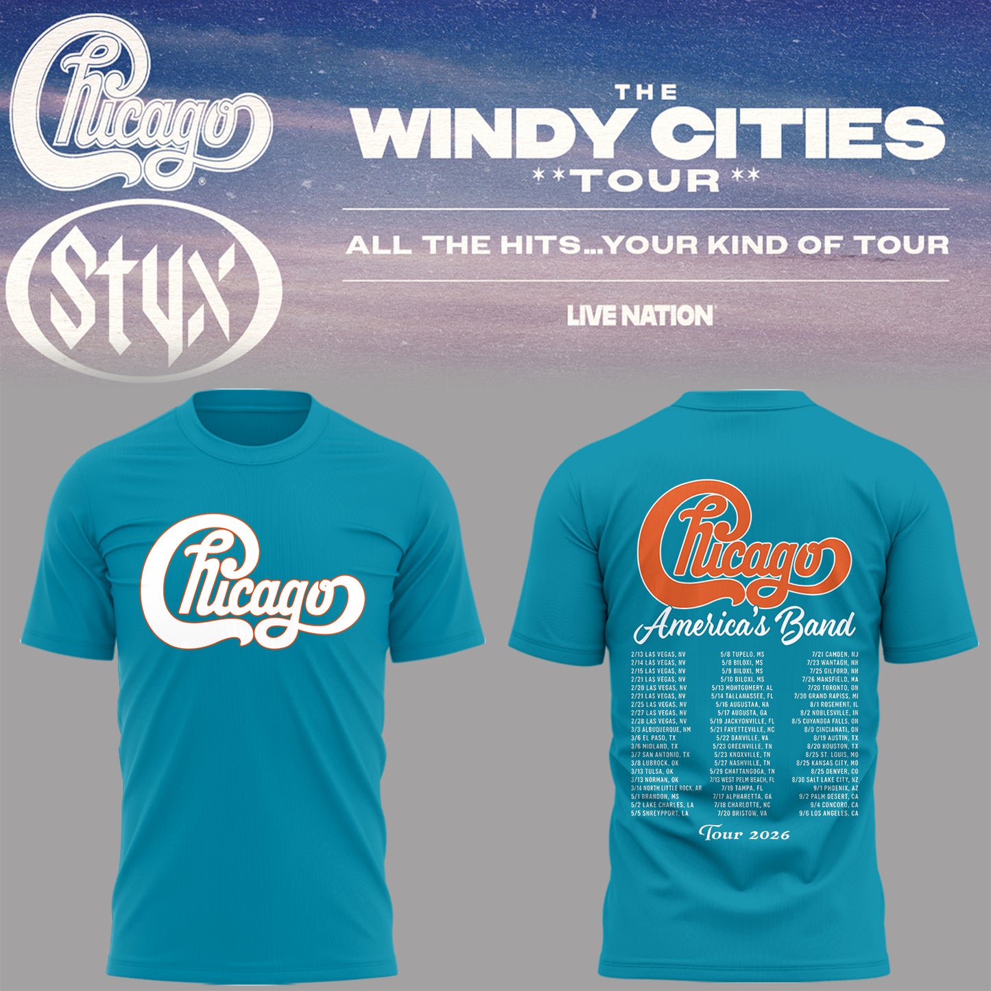 Limited Edition The Windy Cities Tour – All The Hits… Your Kind of Tour T-Shirt