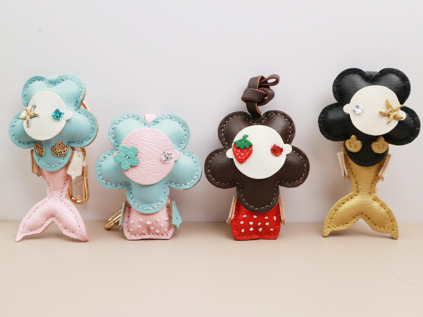 Handmade Mermaid Charm,Leather Bag Charm,Cute Mermaid Leather Handbag and Purse Charm,flowe Keychain,Mermaid Gift for Girls & Sea Lovers