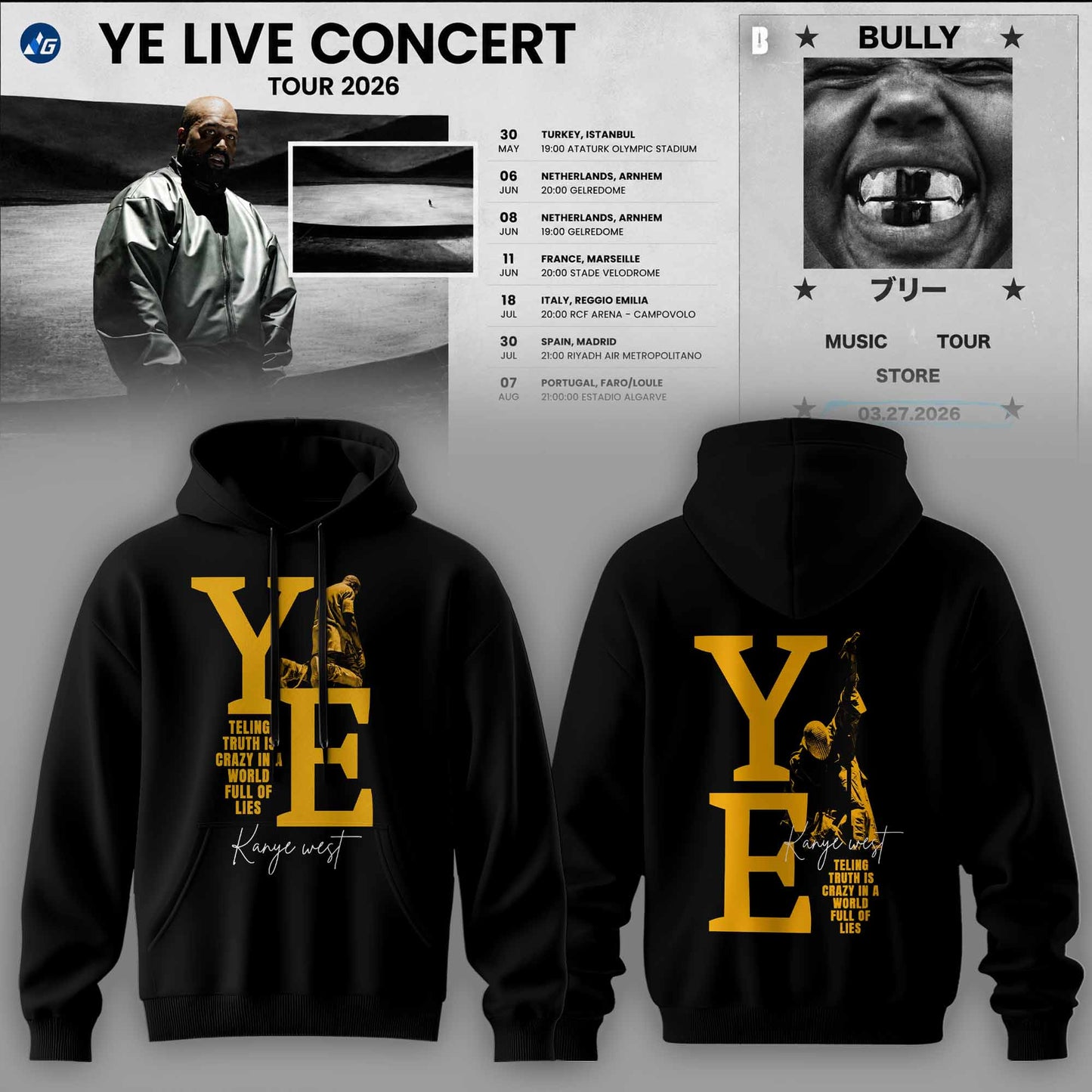 Bully Live Concert Tour 2026 Premium 3D Hoodie - Vintage Black