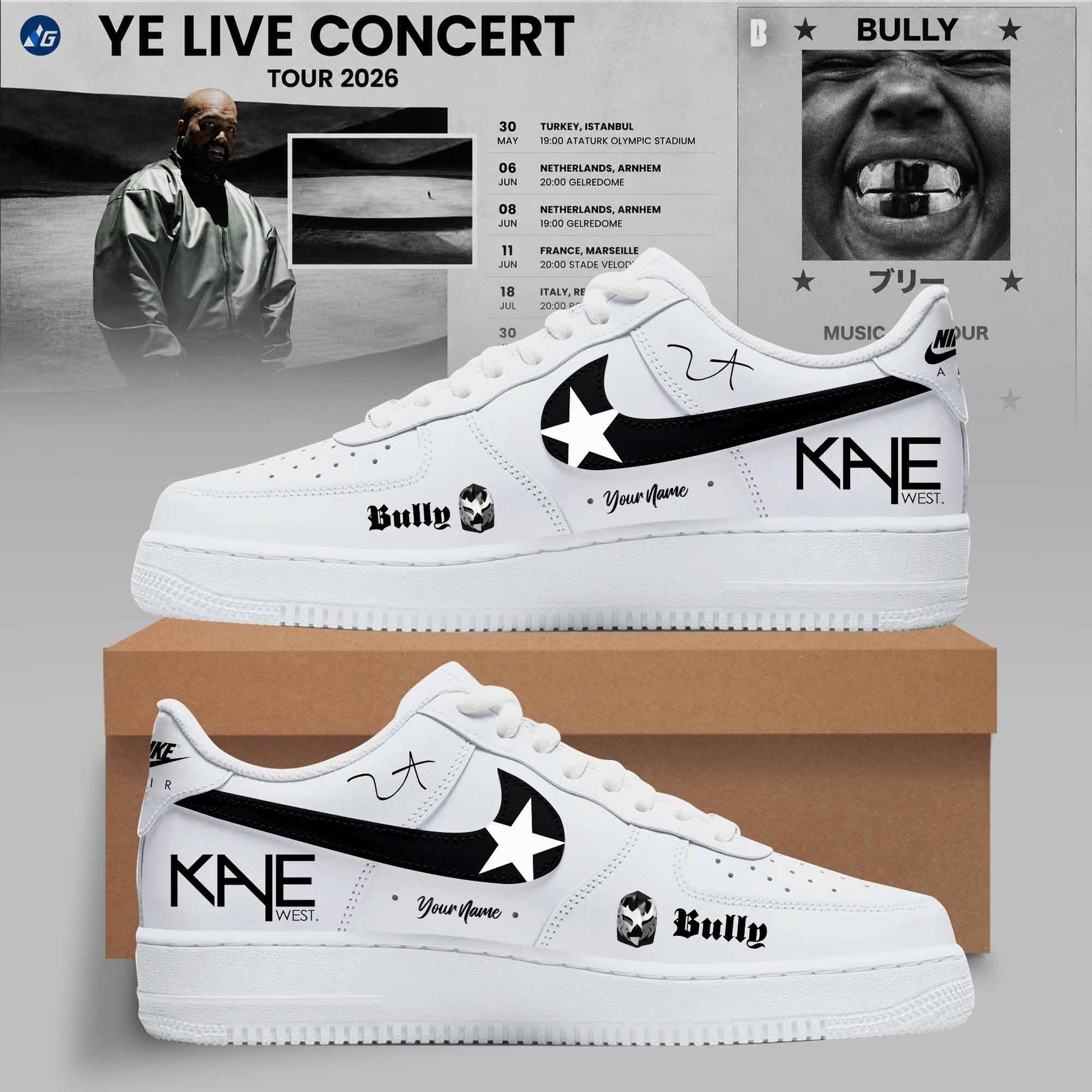 Bully Live Concert Tour 2026 Personalized 3D Custom Sneakers - White &amp; Black Edition