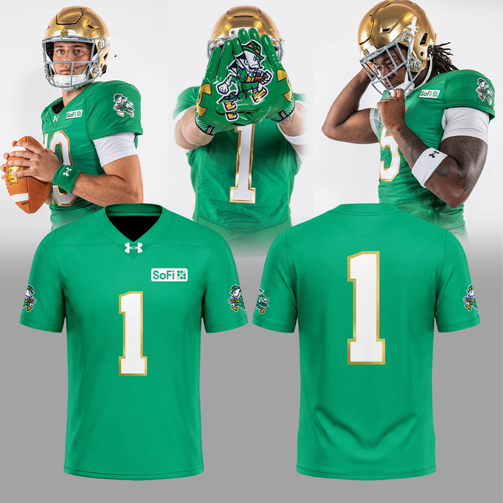 .          The Notre Dame Fighting Irish team wears green kits made from twill fabric. Football Jersey Custom Number