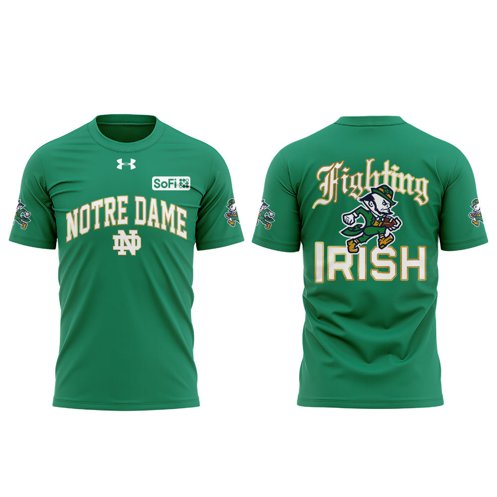 .          The Notre Dame Fighting Irish team wears green kits made from twill fabric. Shirt