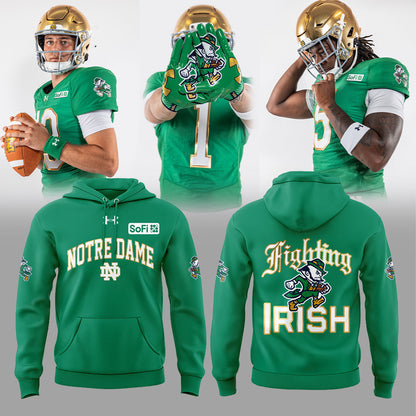 .          The Notre Dame Fighting Irish team wears green kits made from twill fabric. Hoodie