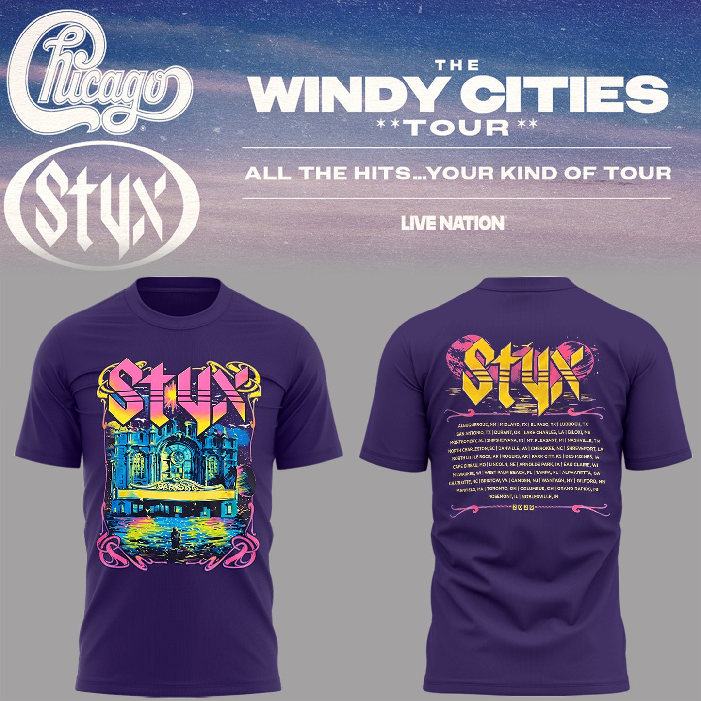 Limited Edition The Windy Cities Tour – All The Hits… Your Kind of Tour T-Shirt