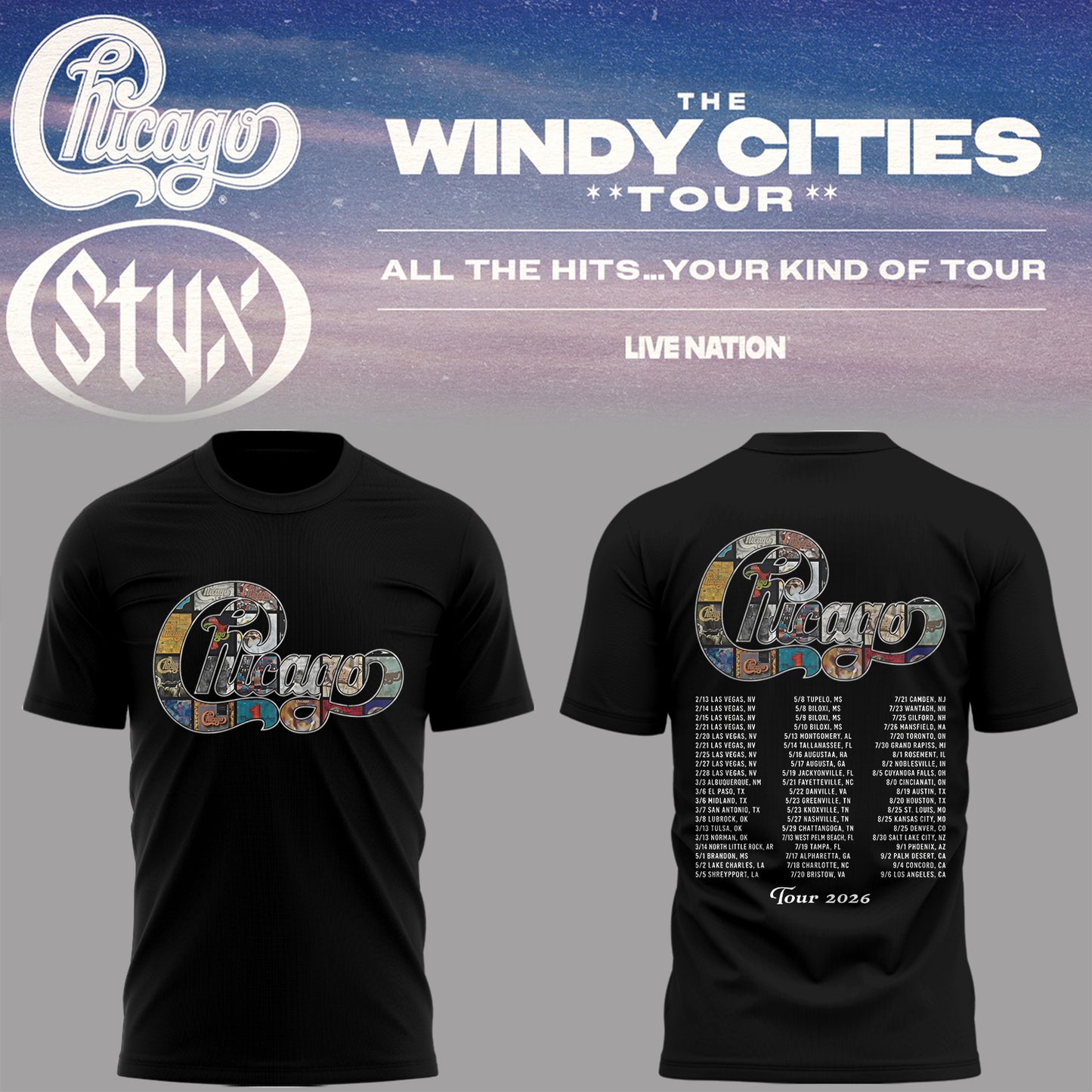 Limited Edition The Windy Cities Tour – All The Hits… Your Kind of Tour T-Shirt