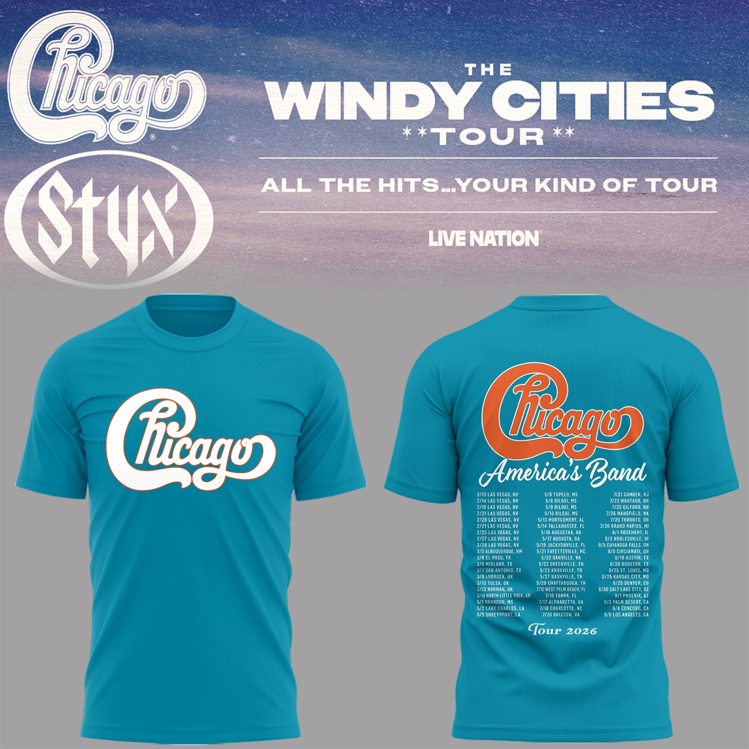 Limited Edition The Windy Cities Tour – All The Hits… Your Kind of Tour T-Shirt