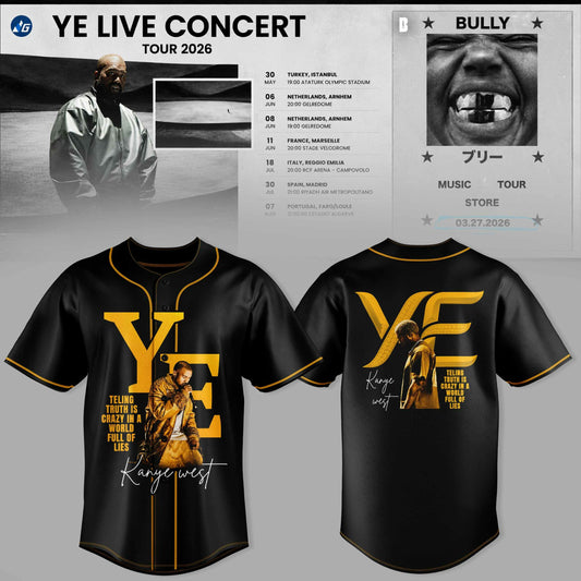 Bully Live Concert Tour 2026 Premium 3D Baseball Jersey - Gold Edition