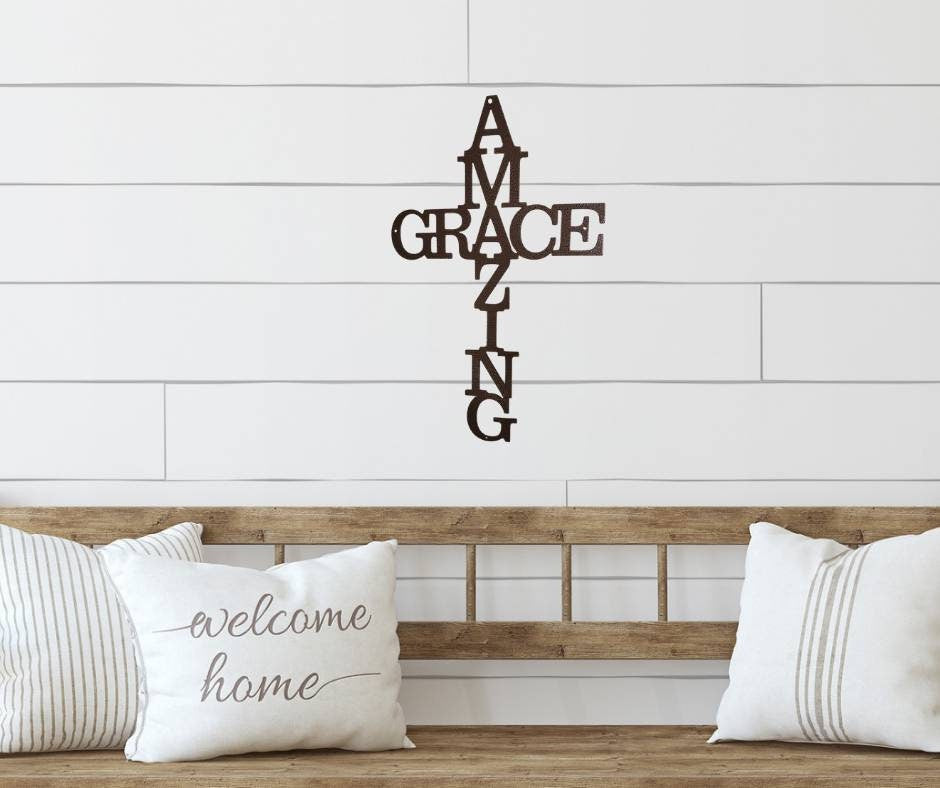 Amazing Grace Metal Cross, Amazing Grace Wall Decor, Cross Decor, Scripture Wall Art, Religious Gift, Metal Sign, Metal Words, Metal Cross