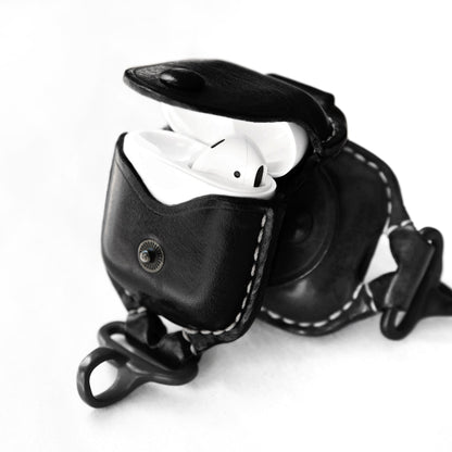 AirPods Case, Premium Leather Cover for Airpods 2 & 1 Cases with Fine Metal Carabiner/Earbuds Accessories (Black,1 Piece) Thanksgiving Gift
