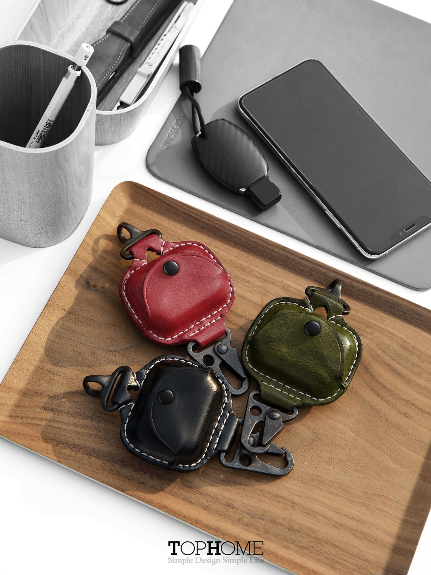 TopHome --AirPods Pro Leather Strap Protective Case For AirPods Pro Headphone Case , with Fine Metal Carabiner/Earbuds Accessories --Brown