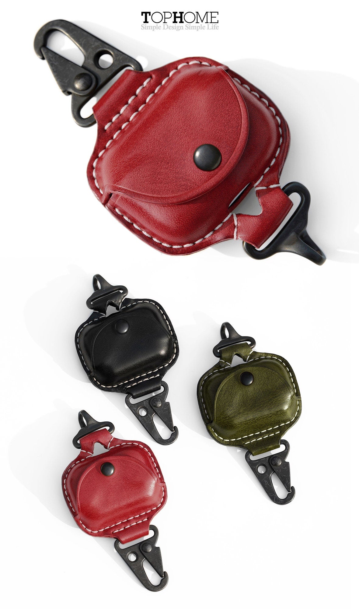 AirPods Pro Leather Strap Protective Case For AirPods Pro Headphone Case , with Fine Metal Carabiner/Earbuds Accessories ---Red