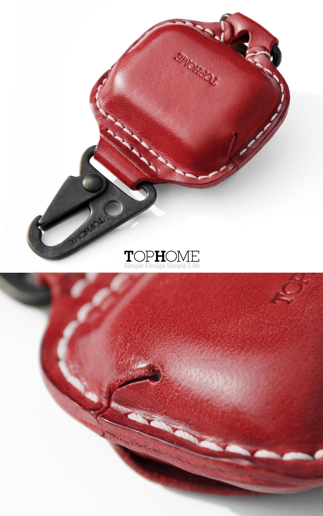 AirPods Pro Leather Strap Protective Case For AirPods Pro Headphone Case , with Fine Metal Carabiner/Earbuds Accessories ---Red