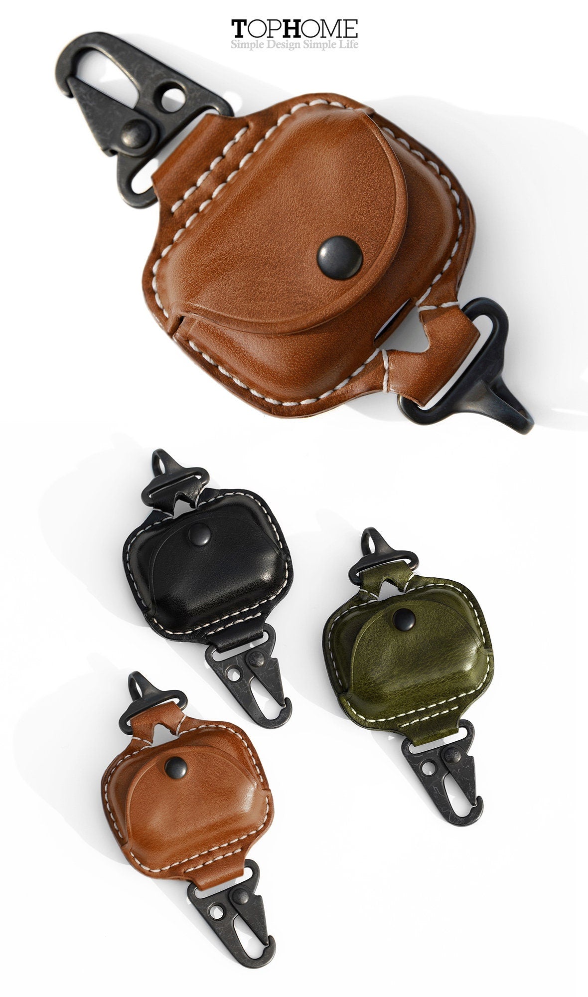 AirPods Pro Leather Strap Protective Case For AirPods Pro Headphone Case , with Fine Metal Carabiner/Earbuds Accessories -Brown