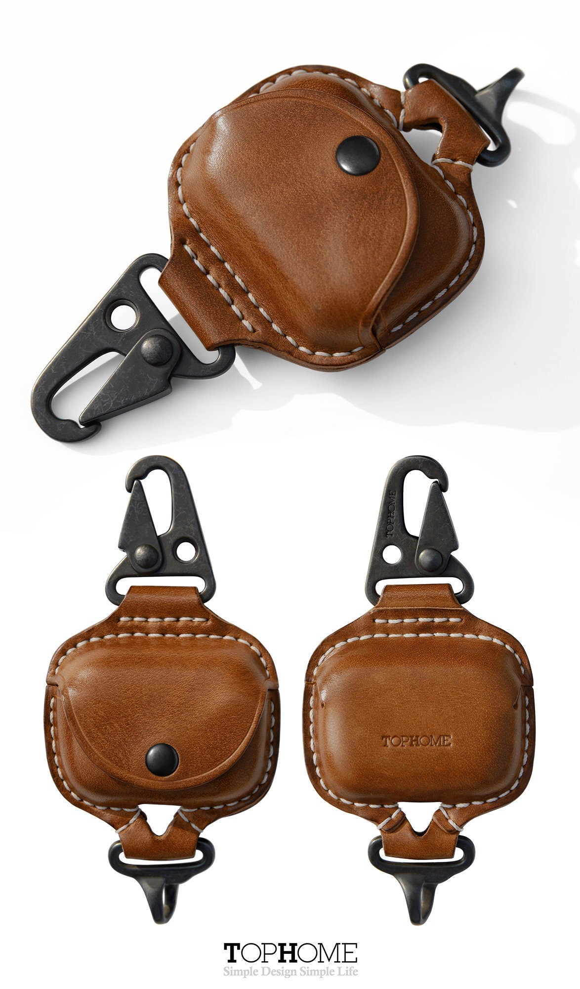 AirPods Pro Leather Strap Protective Case For AirPods Pro Headphone Case , with Fine Metal Carabiner/Earbuds Accessories -Brown