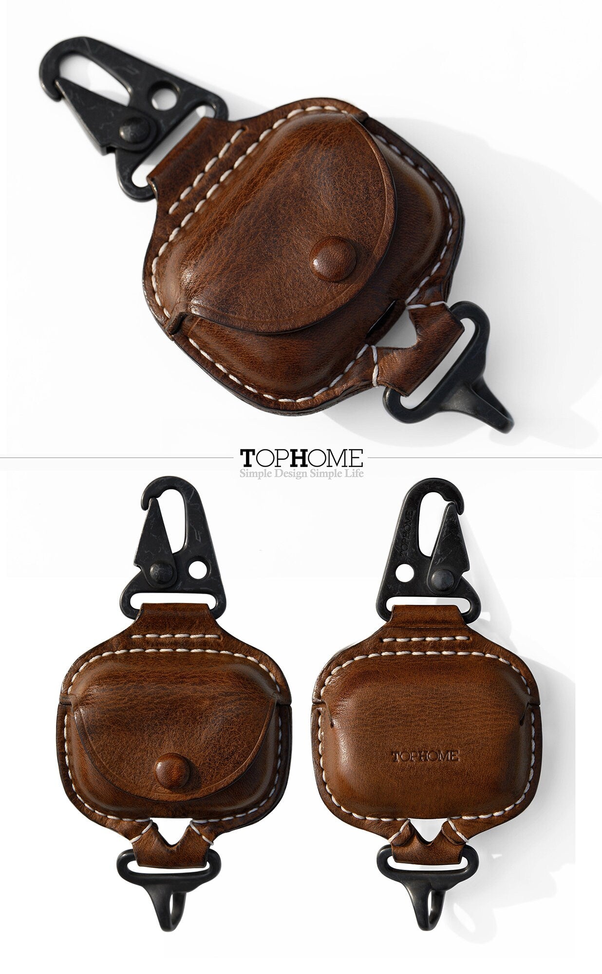 AirPods Pro Leather Strap Protective Case For AirPods Pro Headphone Case , with Fine Metal Carabiner/Earbuds Accessories -Brown