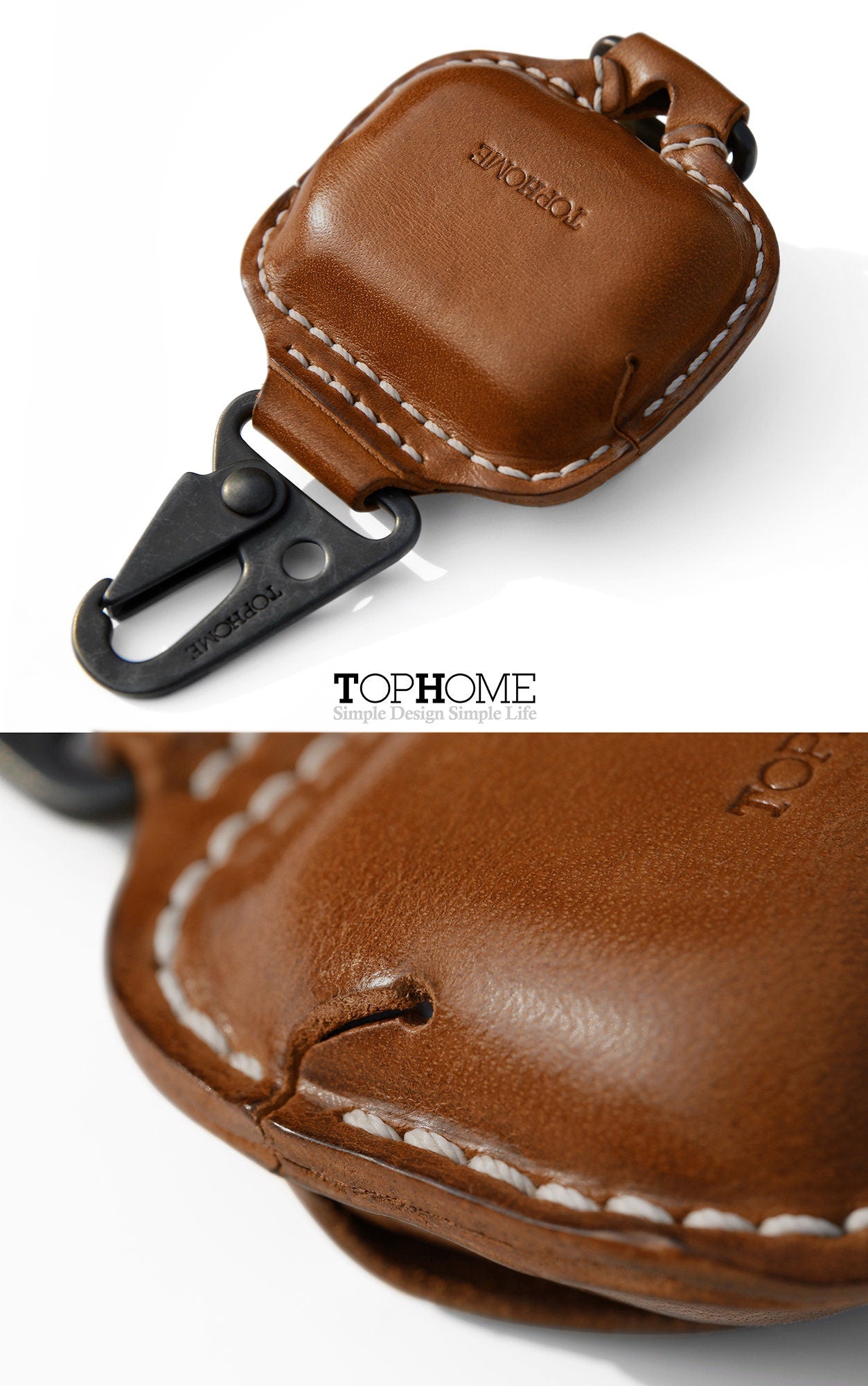 AirPods Pro Leather Strap Protective Case For AirPods Pro Headphone Case , with Fine Metal Carabiner/Earbuds Accessories -Brown