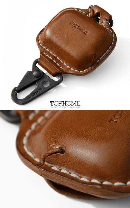 AirPods Pro Leather Strap Protective Case For AirPods Pro Headphone Case , with Fine Metal Carabiner/Earbuds Accessories -Brown