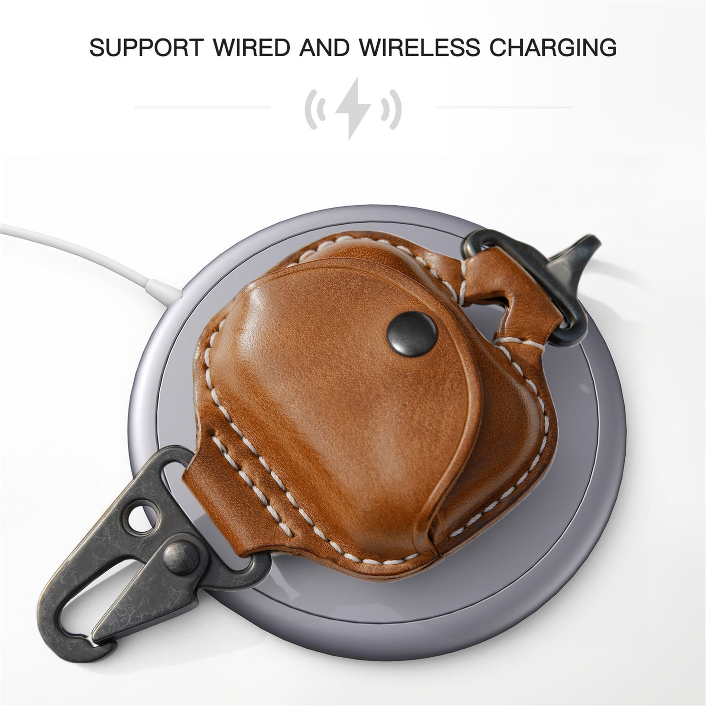 AirPods 3 Leather Strap Protective Case For AirPods 3rd Headphone Case , with Fine Metal Carabiner/Earbuds Accessories -Yellow Brown