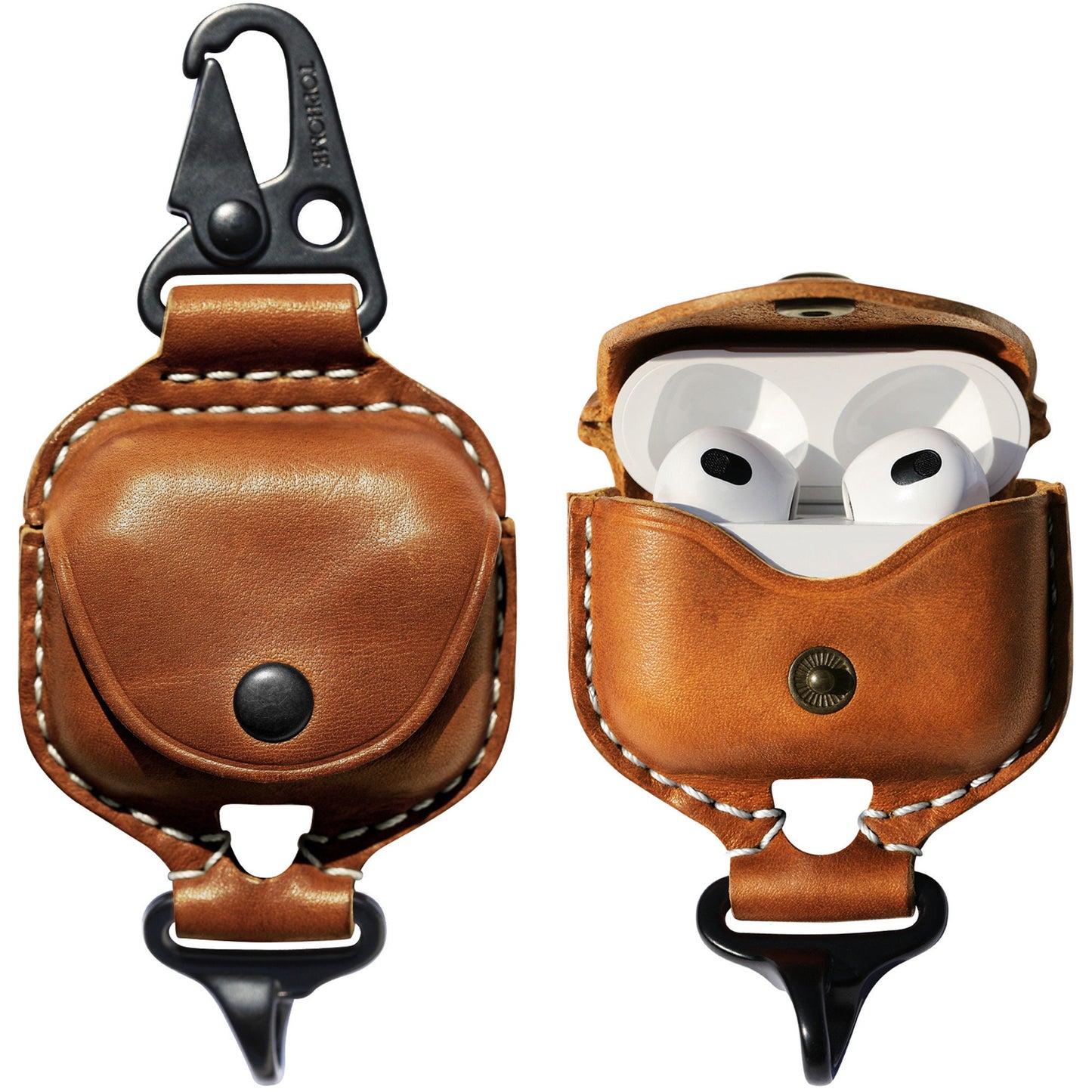 AirPods 3 Leather Strap Protective Case For AirPods 3rd Headphone Case , with Fine Metal Carabiner/Earbuds Accessories -Yellow Brown