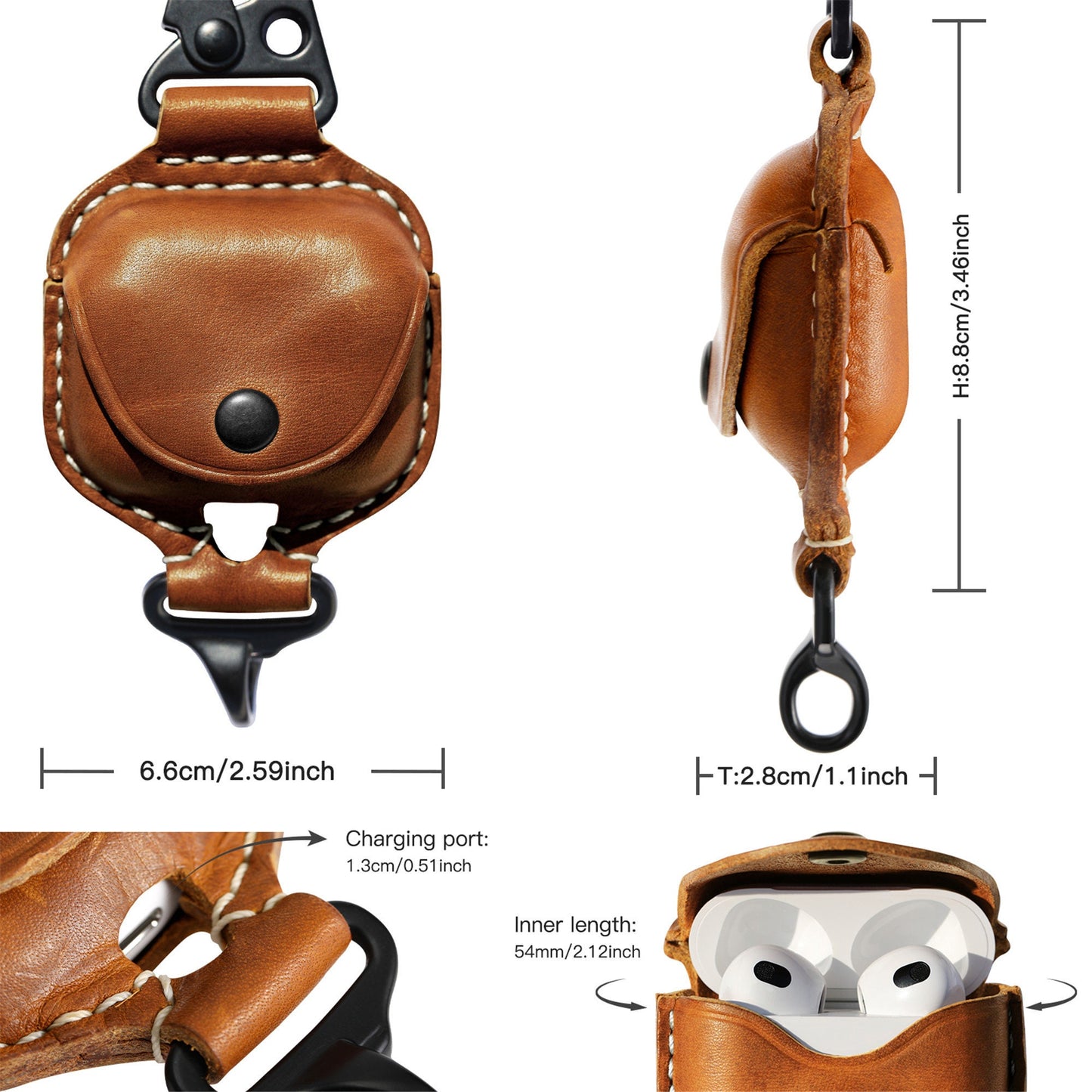 AirPods 3 Leather Strap Protective Case For AirPods 3rd Headphone Case , with Fine Metal Carabiner/Earbuds Accessories -Yellow Brown