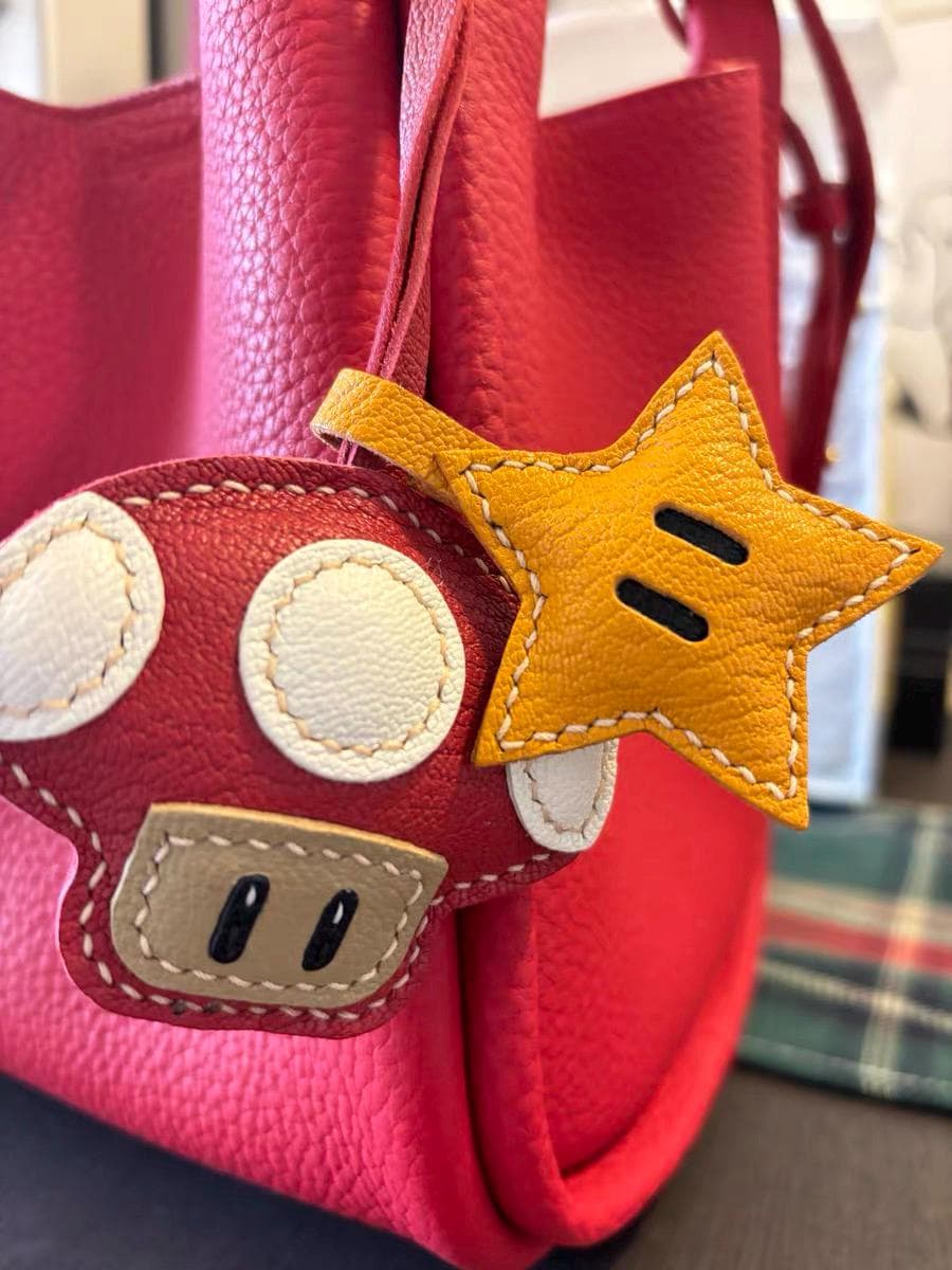 Star and Leather Mushroom bag Charm,Leather Bag Charm, Leather Handbag and Purse Charm, Cute Mushroom and Star Keychain,Unique Gift for her