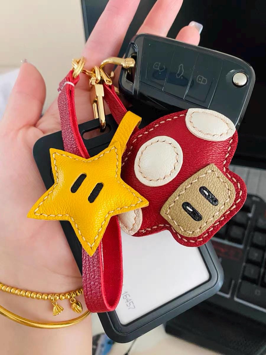 Star and Leather Mushroom bag Charm,Leather Bag Charm, Leather Handbag and Purse Charm, Cute Mushroom and Star Keychain,Unique Gift for her