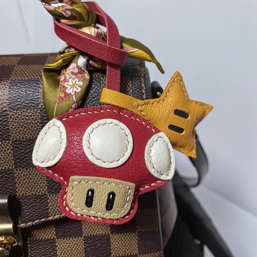Star and Leather Mushroom bag Charm,Leather Bag Charm, Leather Handbag and Purse Charm, Cute Mushroom and Star Keychain,Unique Gift for her