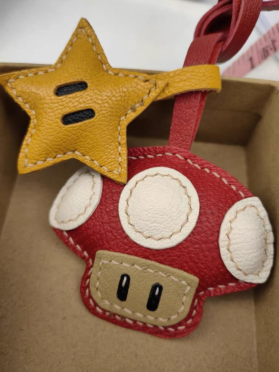 Star and Leather Mushroom bag Charm,Leather Bag Charm, Leather Handbag and Purse Charm, Cute Mushroom and Star Keychain,Unique Gift for her