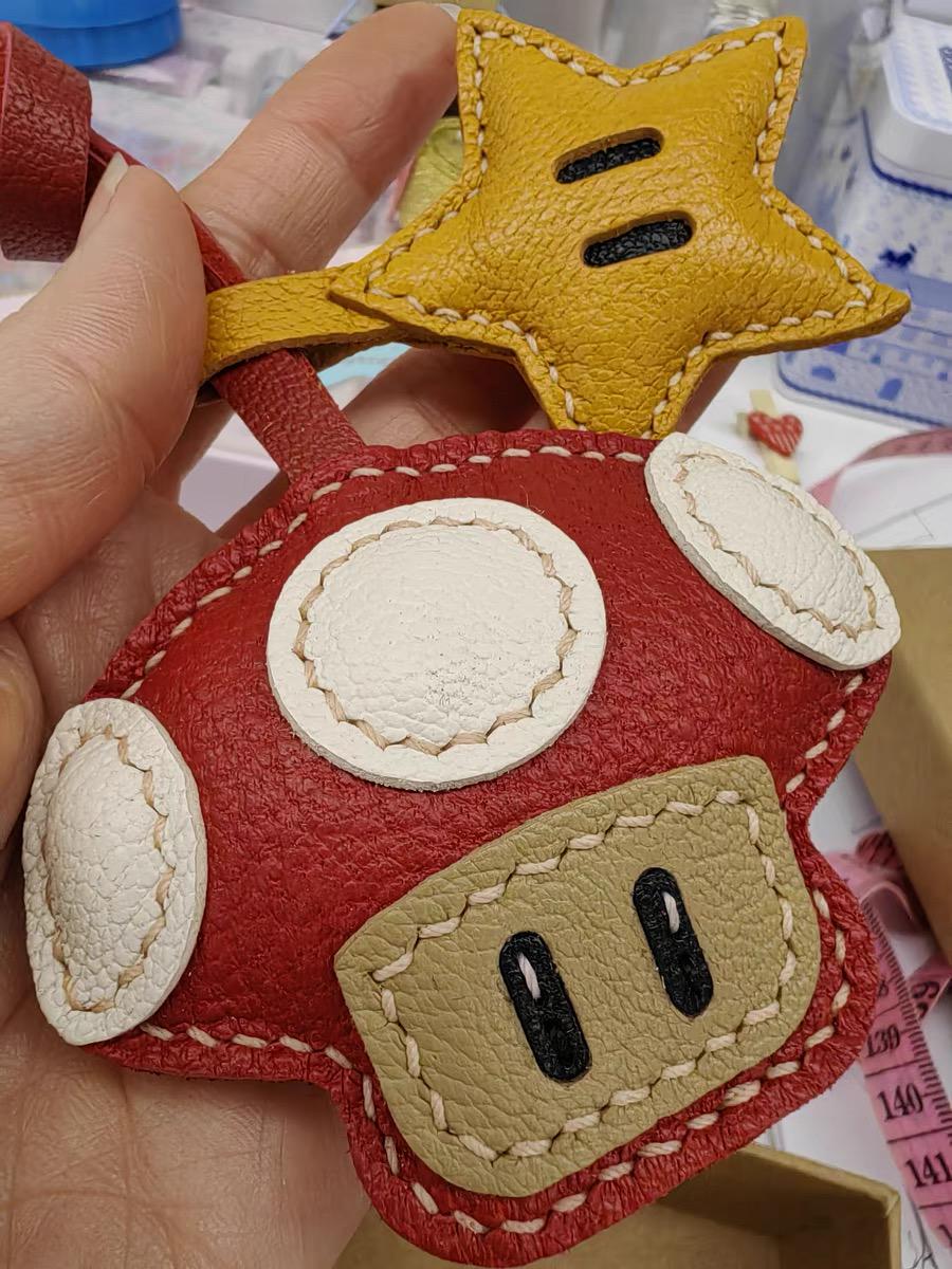 Star and Leather Mushroom bag Charm,Leather Bag Charm, Leather Handbag and Purse Charm, Cute Mushroom and Star Keychain,Unique Gift for her