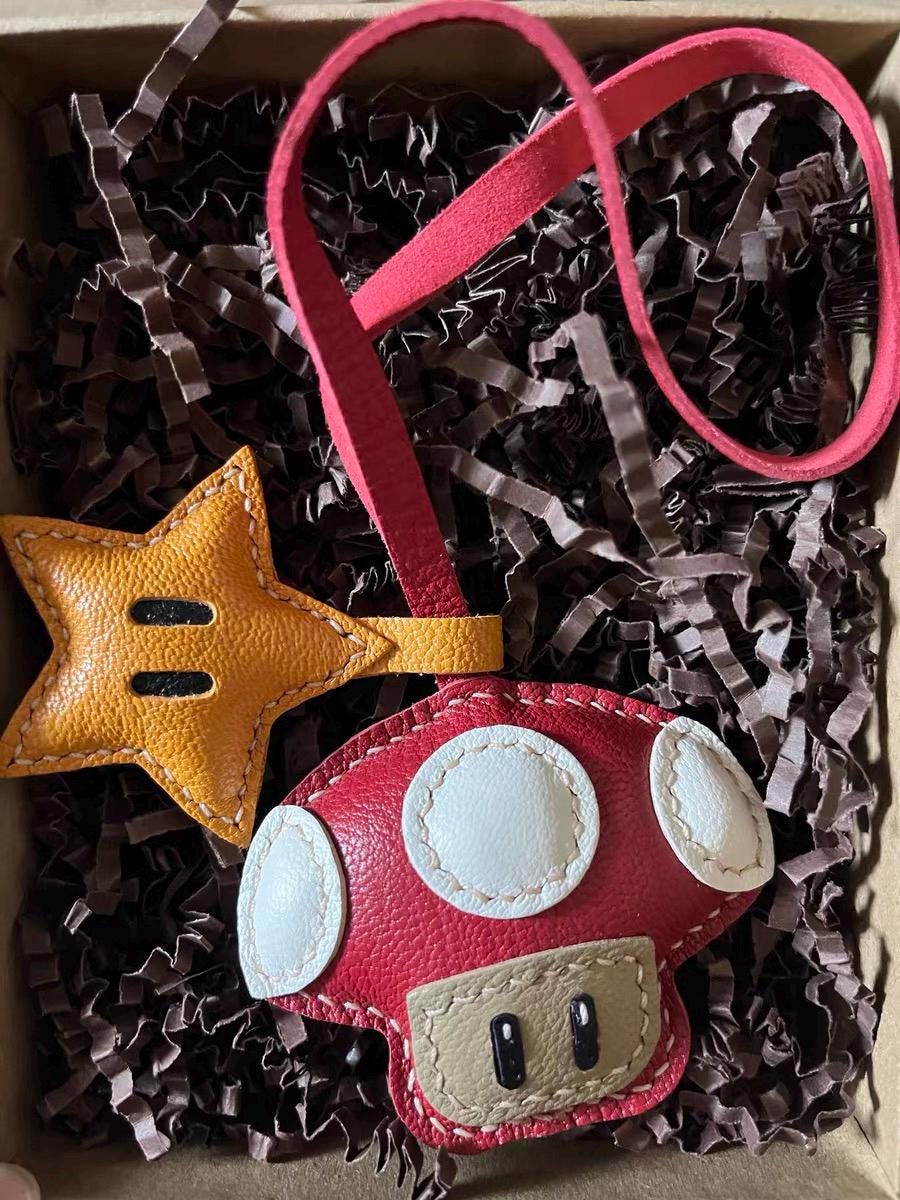 Star and Leather Mushroom bag Charm,Leather Bag Charm, Leather Handbag and Purse Charm, Cute Mushroom and Star Keychain,Unique Gift for her