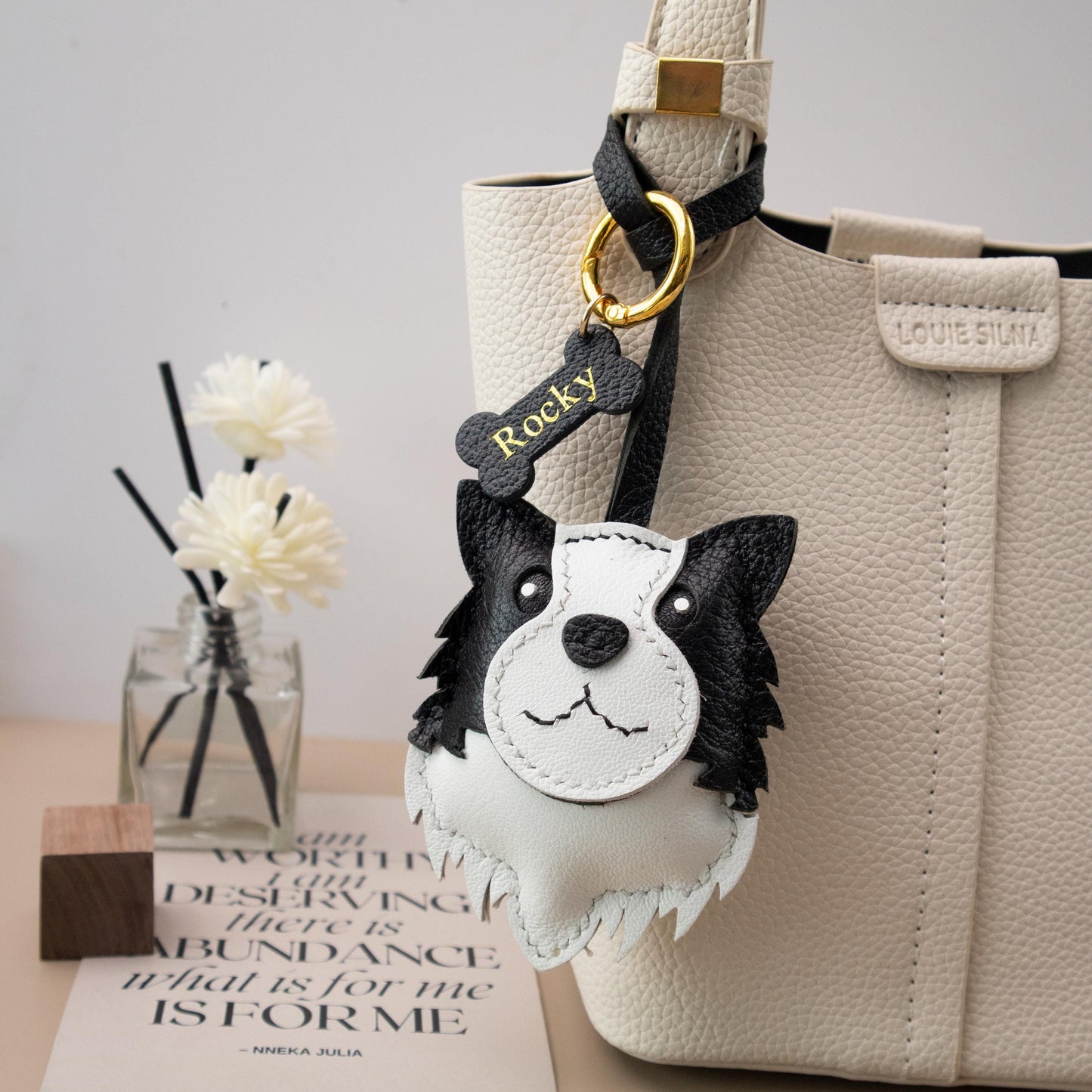 Personalized Border Collie Leather Charm, Leather  Bag Charm, Cute dog Leather Handbag and Purse Charm, dog Keychain,Bag Charm for Handbag