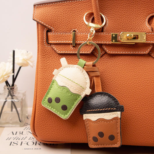 Leather BOBA bag Charm, Leather Bag Charm, Matcha tea Leather Handbag and Purse Charm, BOBA Keychain, Leather Gift, Bag Charm for Handbag