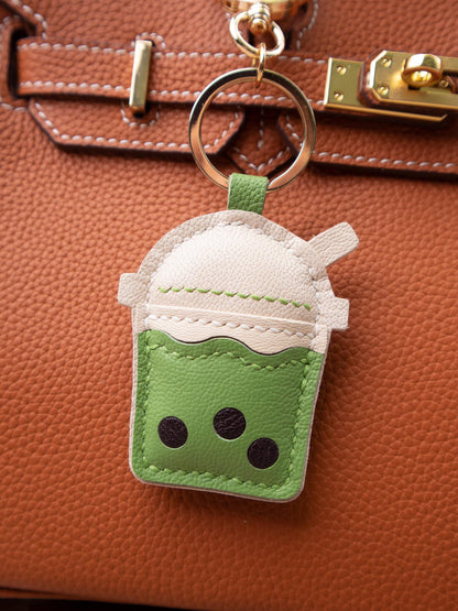 Leather BOBA bag Charm, Leather Bag Charm, Matcha tea Leather Handbag and Purse Charm, BOBA Keychain, Leather Gift, Bag Charm for Handbag