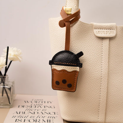 Leather BOBA bag Charm, Leather Bag Charm, Matcha tea Leather Handbag and Purse Charm, BOBA Keychain, Leather Gift, Bag Charm for Handbag