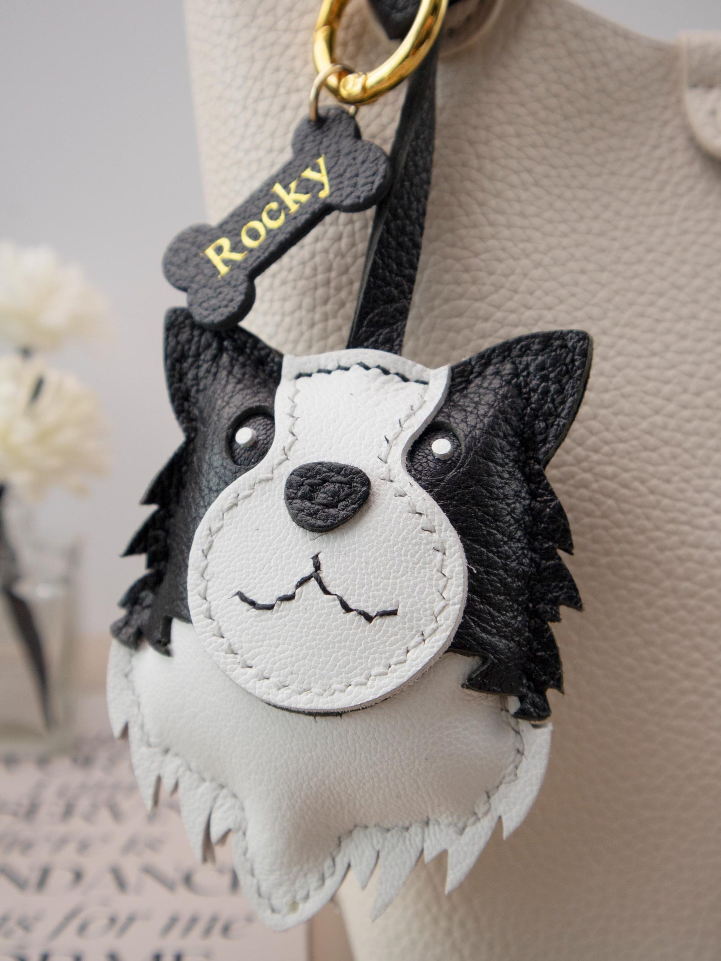 Personalized Border Collie Leather Charm, Leather  Bag Charm, Cute dog Leather Handbag and Purse Charm, dog Keychain,Bag Charm for Handbag