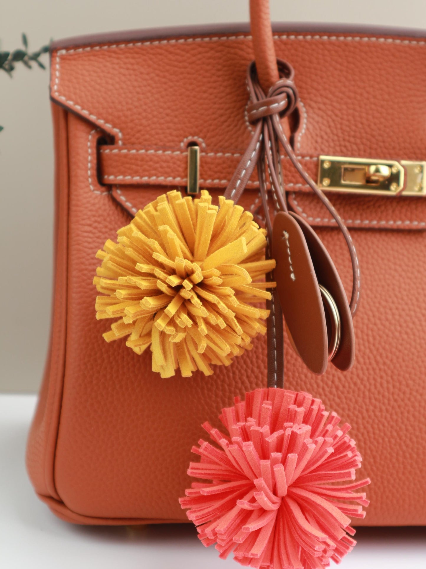 Handmade Leather Orange  Pompom Charm, Handmade Floral Charm, Cute Flower Leather Handbag/ Purse Charm, Flower Keychain,gift for her
