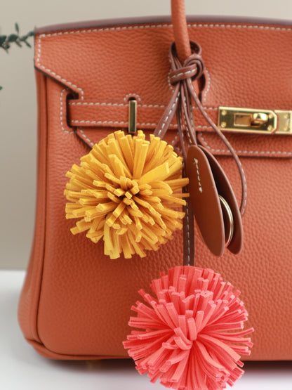 Handmade Leather Orange  Pompom Charm, Handmade Floral Charm, Cute Flower Leather Handbag/ Purse Charm, Flower Keychain,gift for her