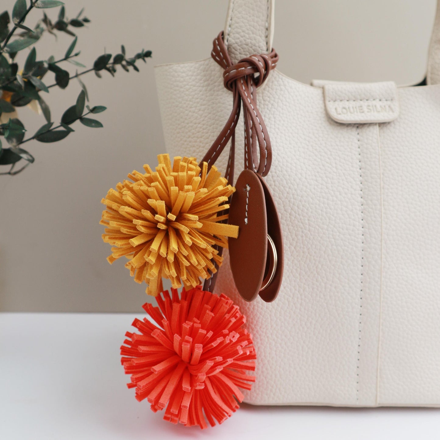 Handmade Leather Orange  Pompom Charm, Handmade Floral Charm, Cute Flower Leather Handbag/ Purse Charm, Flower Keychain,gift for her