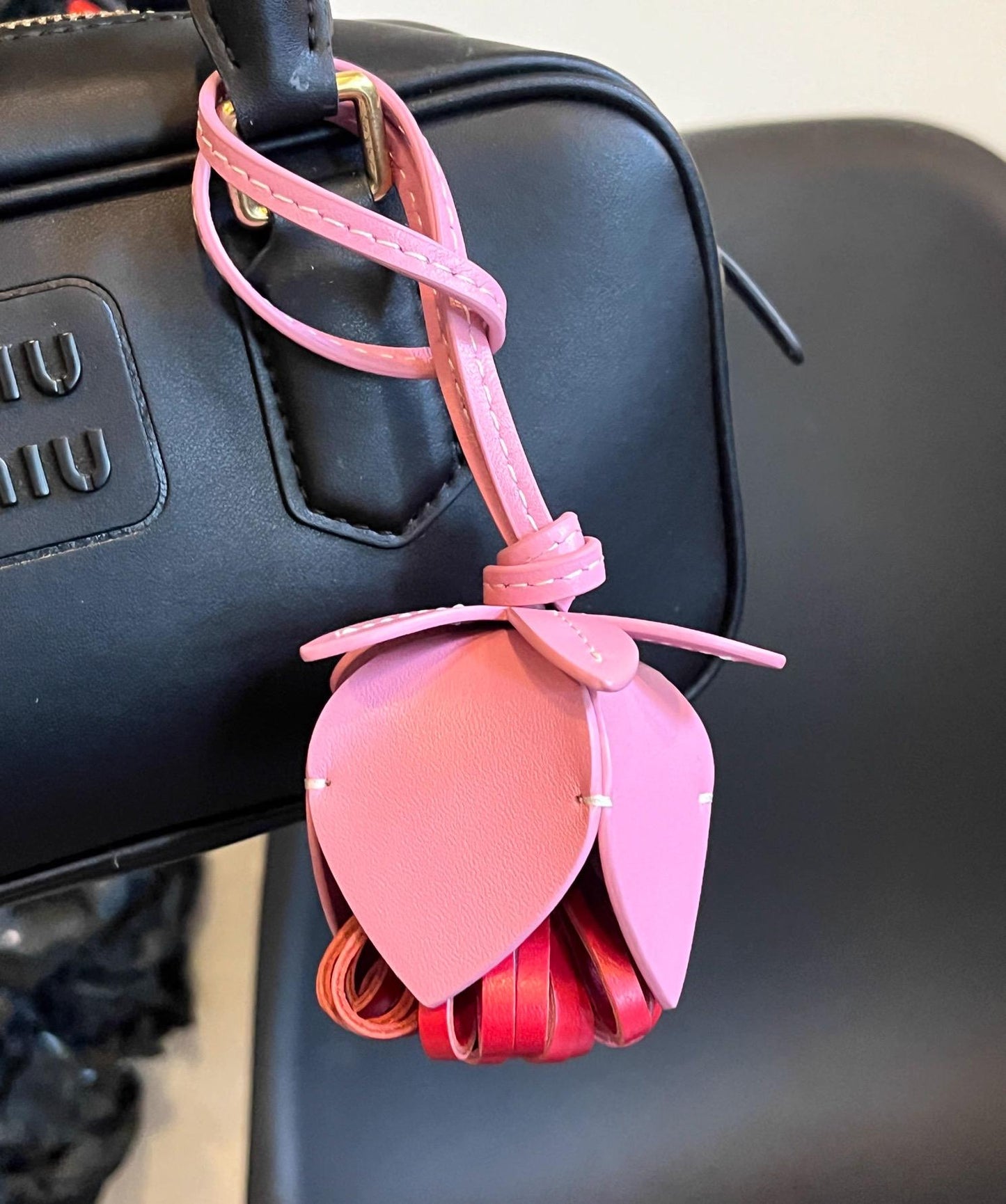 Handmade Leather Orange  Pompom Charm, Handmade Floral Charm, Cute Flower Leather Handbag/ Purse Charm, Flower Keychain,gift for her