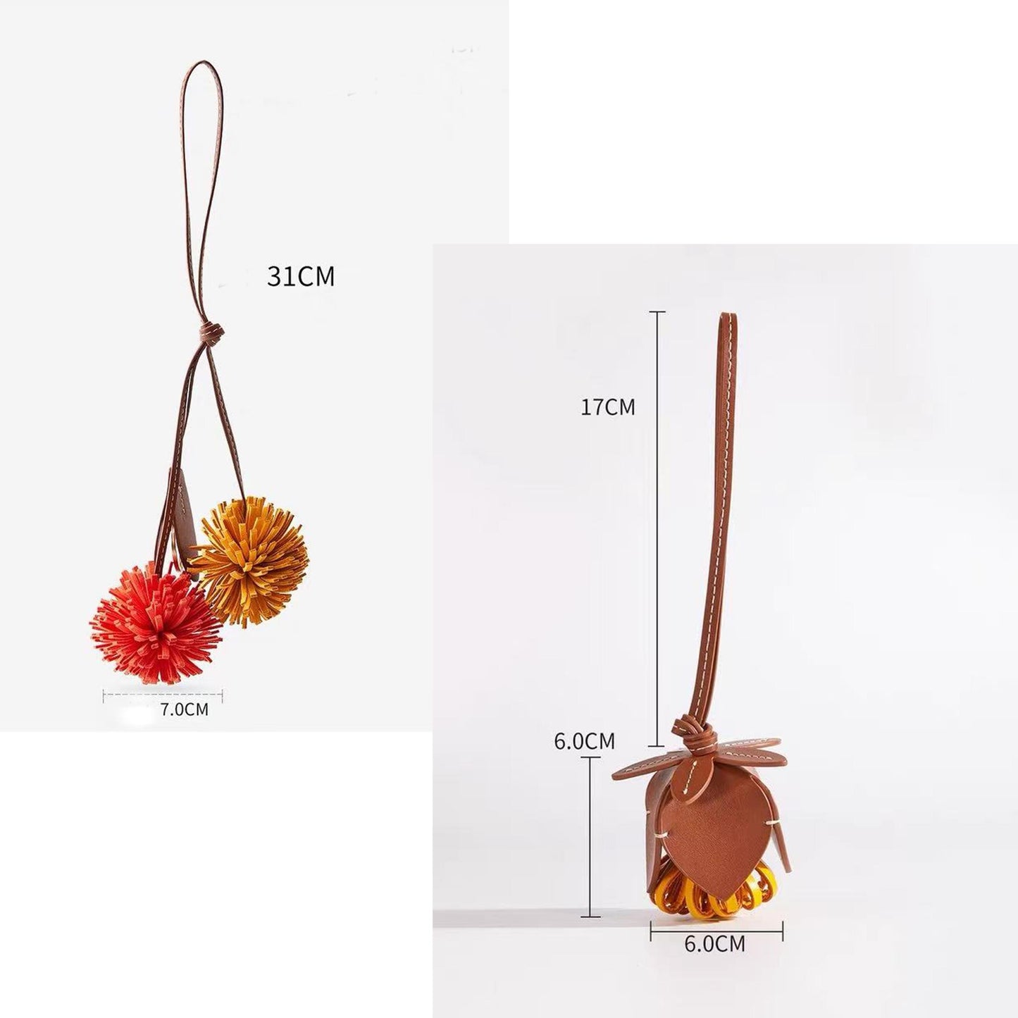 Handmade Leather Orange  Pompom Charm, Handmade Floral Charm, Cute Flower Leather Handbag/ Purse Charm, Flower Keychain,gift for her