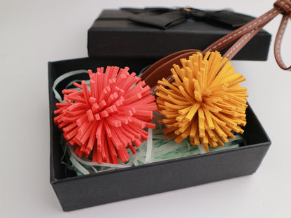 Handmade Leather Orange  Pompom Charm, Handmade Floral Charm, Cute Flower Leather Handbag/ Purse Charm, Flower Keychain,gift for her
