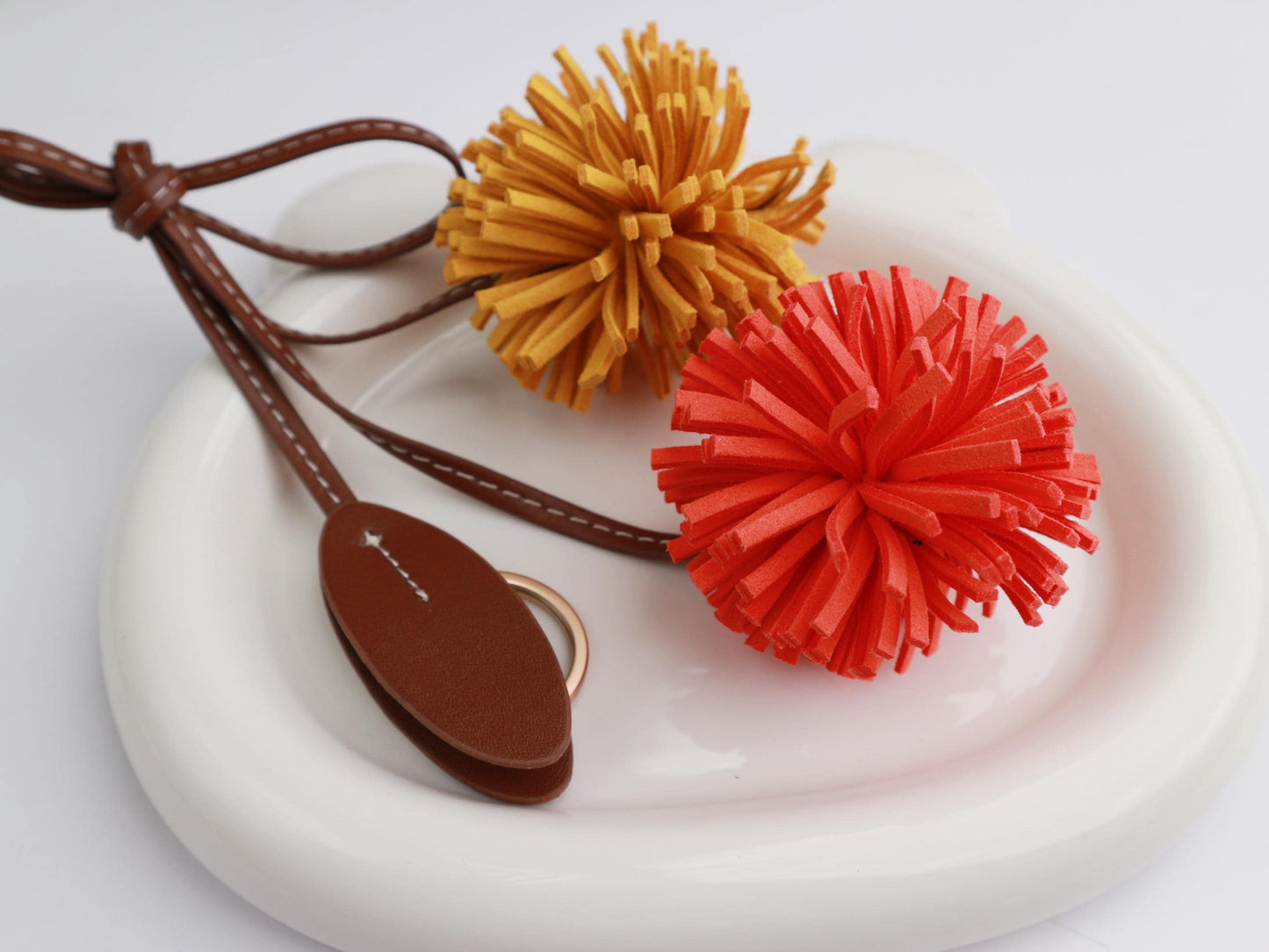 Handmade Leather Orange  Pompom Charm, Handmade Floral Charm, Cute Flower Leather Handbag/ Purse Charm, Flower Keychain,gift for her
