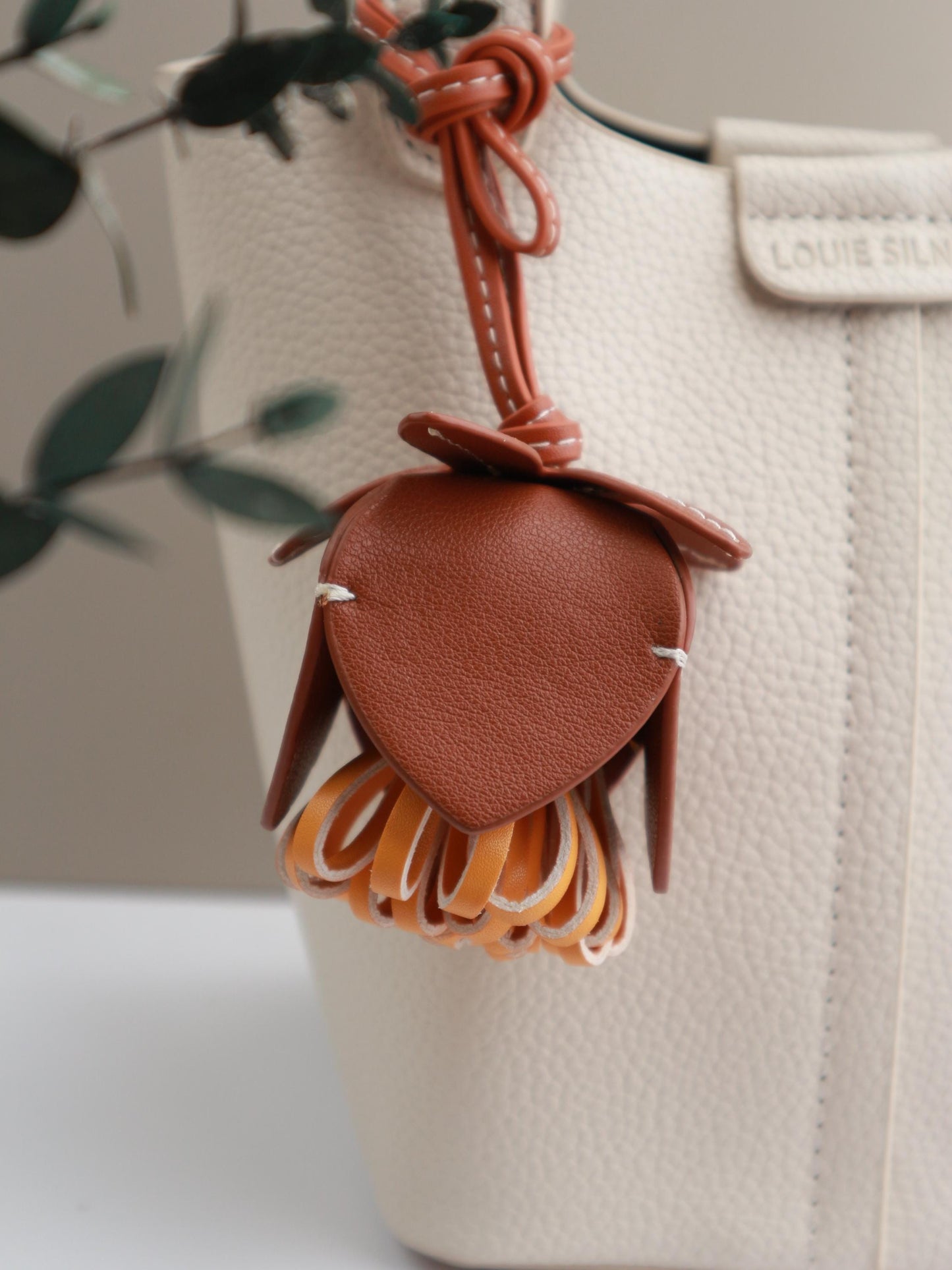 Handmade Leather Orange  Pompom Charm, Handmade Floral Charm, Cute Flower Leather Handbag/ Purse Charm, Flower Keychain,gift for her
