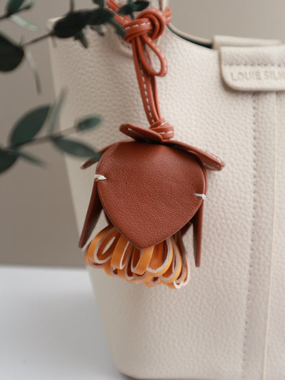 Handmade Leather Orange  Pompom Charm, Handmade Floral Charm, Cute Flower Leather Handbag/ Purse Charm, Flower Keychain,gift for her
