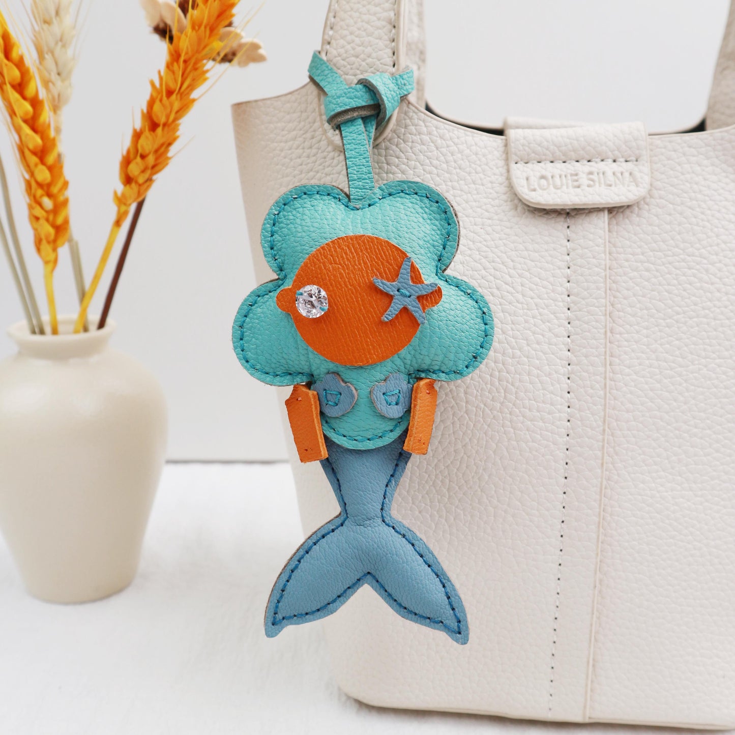 Handmade Mermaid Charm,Leather Bag Charm,Cute Mermaid Leather Handbag and Purse Charm,flowe Keychain,Mermaid Gift for Girls & Sea Lovers