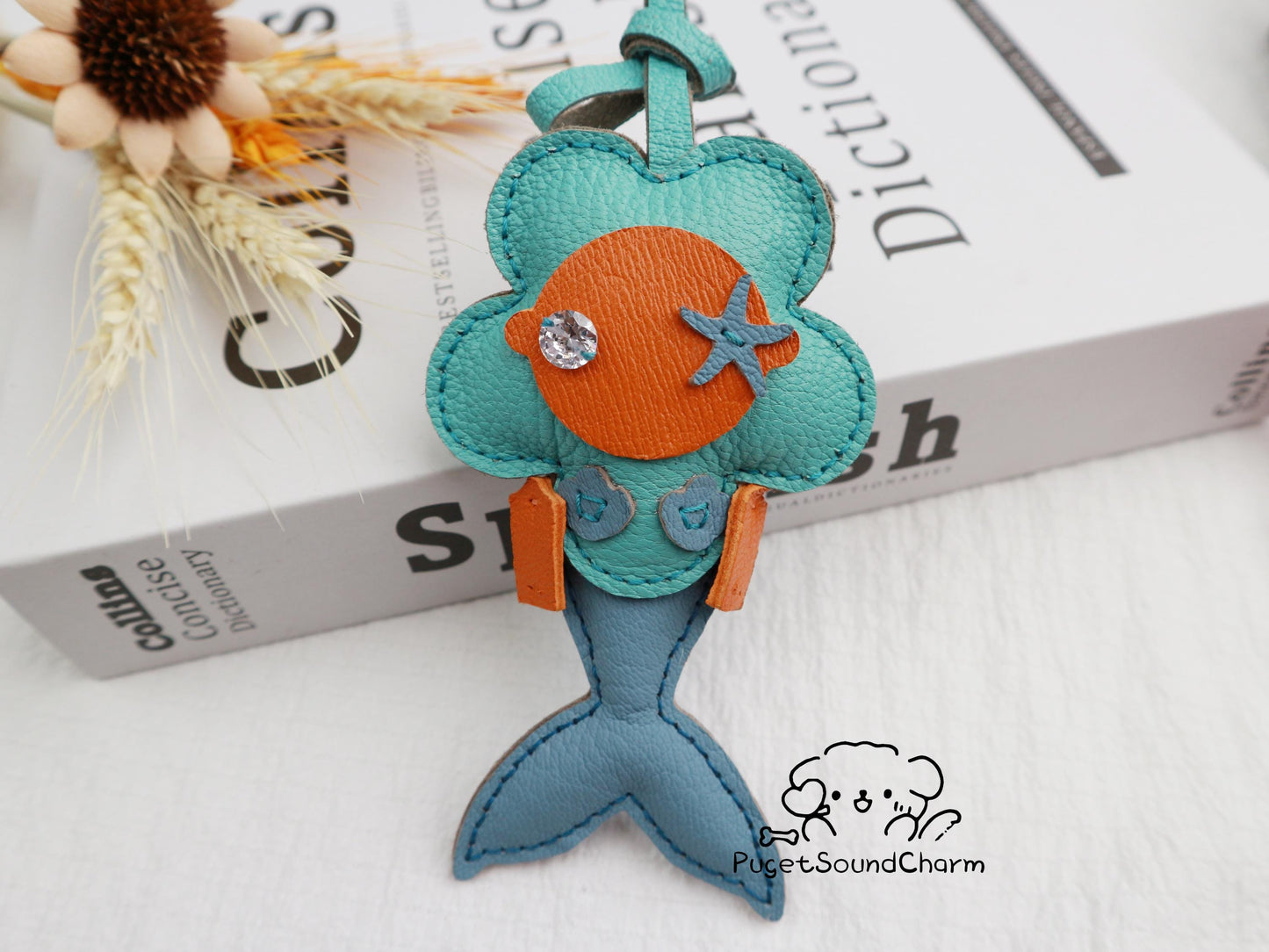 Handmade Mermaid Charm,Leather Bag Charm,Cute Mermaid Leather Handbag and Purse Charm,flowe Keychain,Mermaid Gift for Girls & Sea Lovers