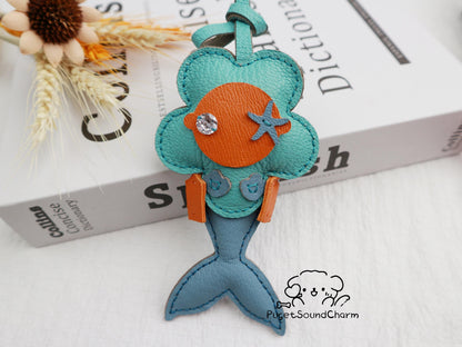 Handmade Mermaid Charm,Leather Bag Charm,Cute Mermaid Leather Handbag and Purse Charm,flowe Keychain,Mermaid Gift for Girls & Sea Lovers
