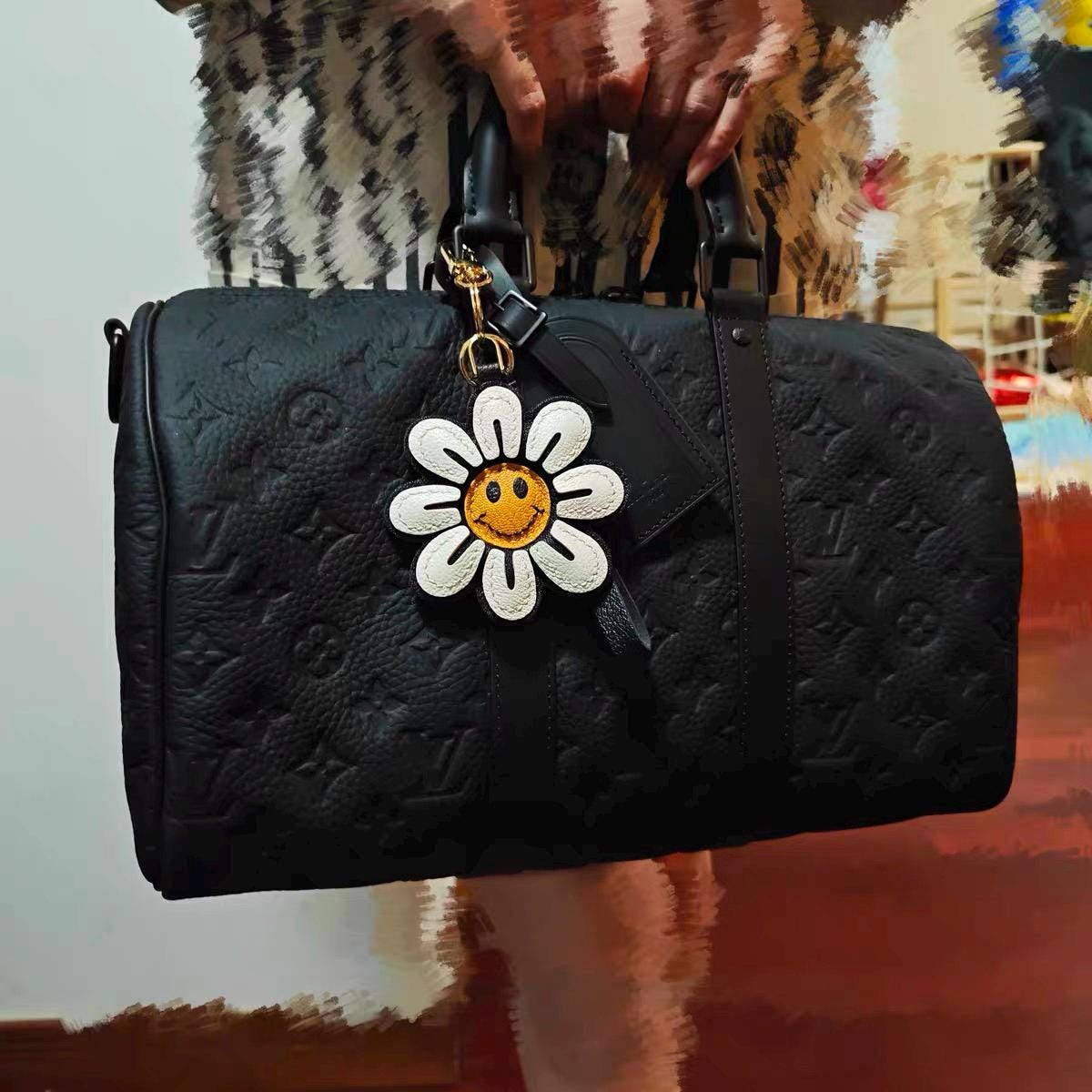 Leather  Smile Flower Charm, Leather bag Charm, Cute FloralLeather Handbag/ Purse Charm, Flower Keychain,Handmade Bag Charm, Cute Key Chain
