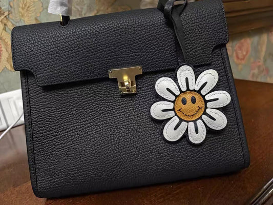 Leather  Smile Flower Charm, Leather bag Charm, Cute FloralLeather Handbag/ Purse Charm, Flower Keychain,Handmade Bag Charm, Cute Key Chain